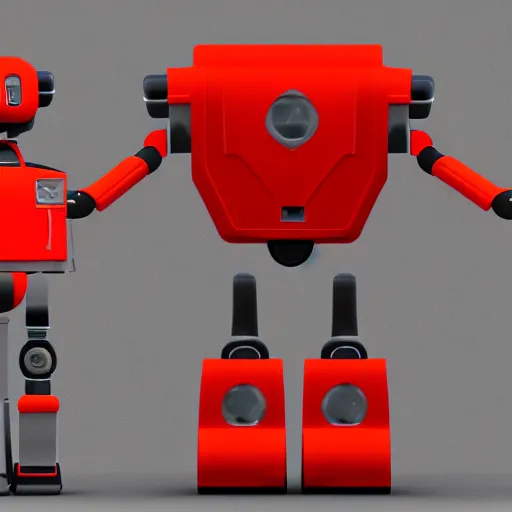 Prompt: robot shaped like a reverse wedge with tank tracks, red and grey color scheme, character design sheet