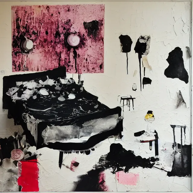 Prompt: bedroom with black walls and a futon, sensual portrait of a woman sleeping, cracked handmade pottery vase, torn paper smouldering smoke, candles, white flowers on the floor, puddle of water, octopus, squashed berries, neo - expressionism, surrealism, acrylic and spray paint and oilstick on canvas