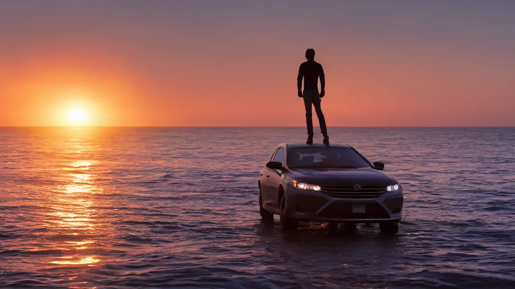 Prompt: a movie still of a man standing on a car while driving through the ocean at sunset, golden hour