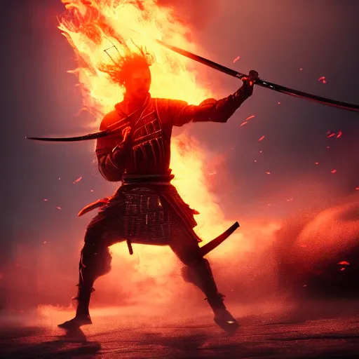 Prompt: a samurai wielding his sword in flames, epic fantasy art, cinematic atmosphere, action, high detail, ultra realistic, hyper realistic, photo realistic, trending on artstation, deviantart, 4 k uhd,