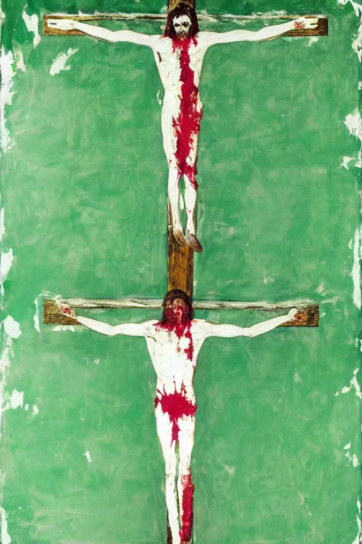 Image similar to green background with bloody christ crucified painted by cy twombly and andy warhol