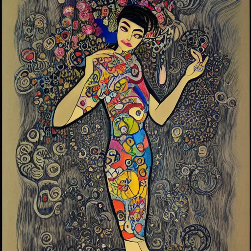 Prompt: cyborg in the style of audrey kawasaki, draped in ornate patterned curtains, ink and charcoal on paper, by wassily kandinsky, gustav klimt, georgia okeeffe