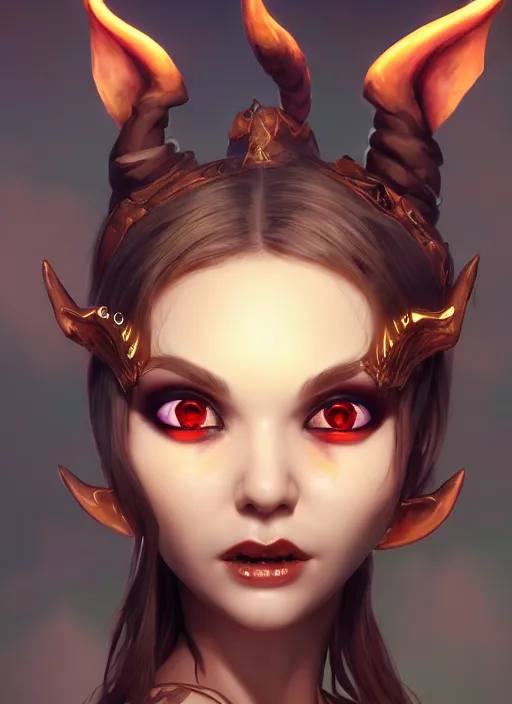 Image similar to imp demon goddess, cute elf ears, strapless dress, character portrait in the style of thomas river and artgerm, cinematic lighting, hyperdetailed, 8 k realistic, symmetrical, global illumination, radiant light,, frostbite 3 engine, cryengine, dof, trending on artstation, digital art, chanel