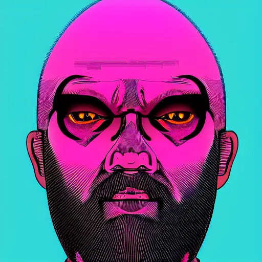 Prompt: portrait of a bald man, synthwave, universe background, symmetrical, artstation