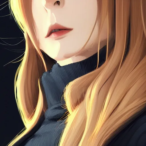 Image similar to 2d girl in black turtleneck and brown coat, elegant, 2d, ultra highly detailed, digital painting, smooth, sharp focus, artstation, portrait art by Ilya Kuvshinov