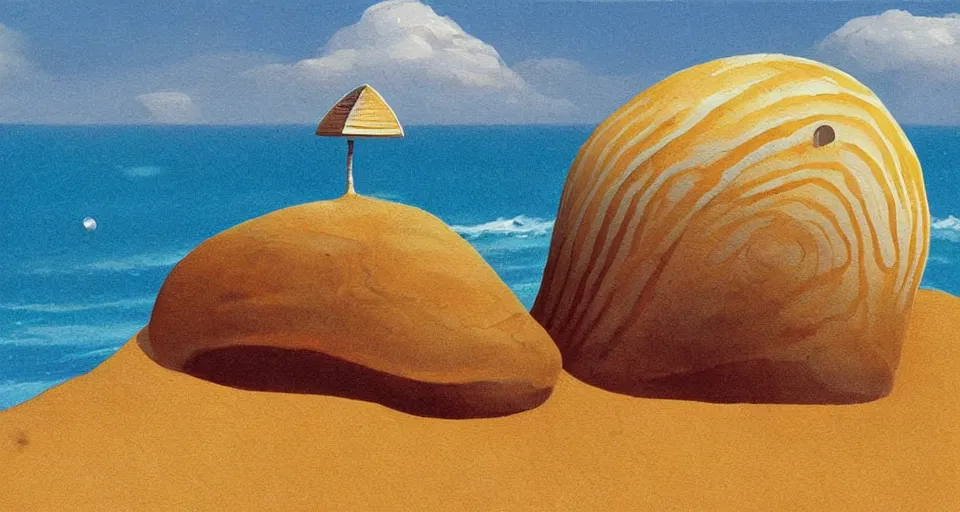 Prompt: acrylic painting of a tiny golden - spiral seashell house on top of a rock, by roger dean, syd mead, cell shaded graphics, concept art, minimalist