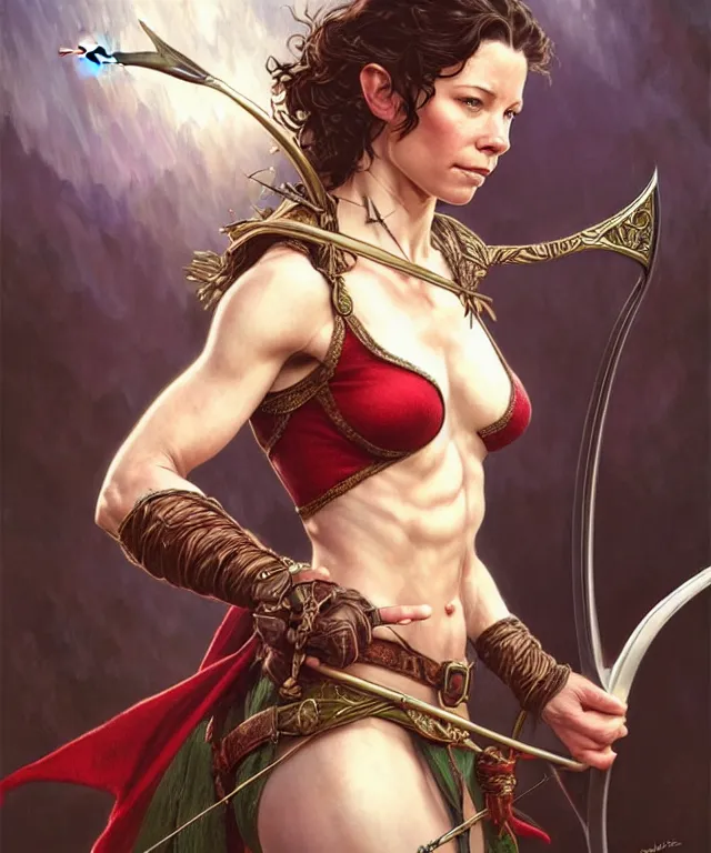 Image similar to Evangeline Lilly as a fantasy elf with a bow and arrow, portrait, fantasy, intricate, elegant, highly detailed, digital painting, artstation, concept art, smooth, sharp focus, illustration, art by artgerm and greg rutkowski and alphonse mucha