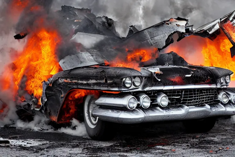 Prompt: 1959 Ford Cadillac exploding, full shot photograph, 4k high res, high detail