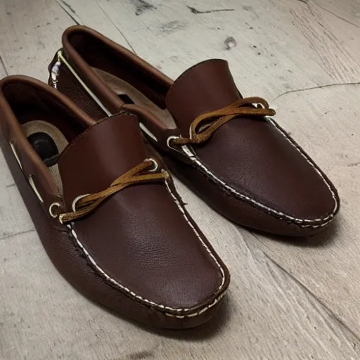 Image similar to sperry brown leather moccasins with extra long toe points, photorealistic