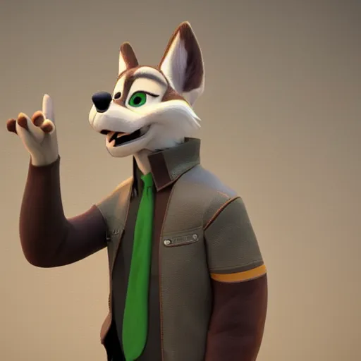 Image similar to far shot, 3d render , anthropomorphic wolf male , wearing along brown leather jacket , in the style of Zootopia