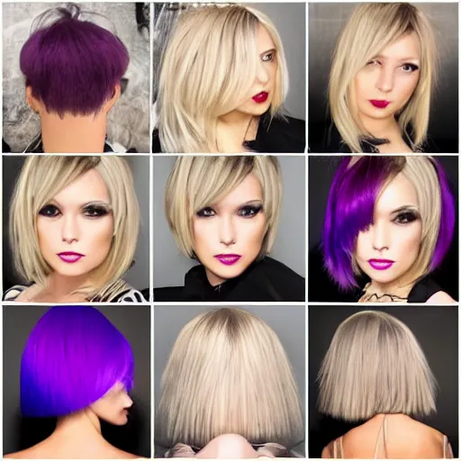 Image similar to avant runway hairstyle professional designer hair bangs, salon photography, bold colors, high details