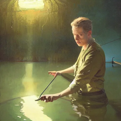 Prompt: sargent and leyendecker and greg hildebrandt, portrait of a green glowing radiated pool of water in the world of andrew wyeth, stephen bliss, unreal engine, fantasy art by greg rutkowski, loish, rhads, ferdinand knab, makoto shinkai, ilya kuvshinov, rossdraws, global illumination, radiant light, detailed and intricate environment