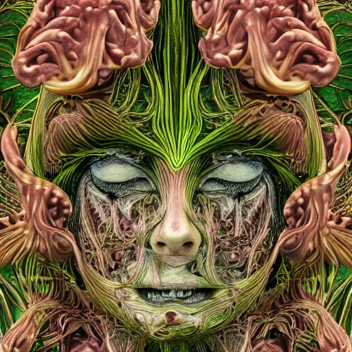 Image similar to a beautiful detailed photo of a centered full body rotten woman corpse morphing into fractal plants and fractal flowers and mushrooms, face muscles, veins, anatomical, intricate, ornate, volumetric light, beautiful lit, beetlejuice