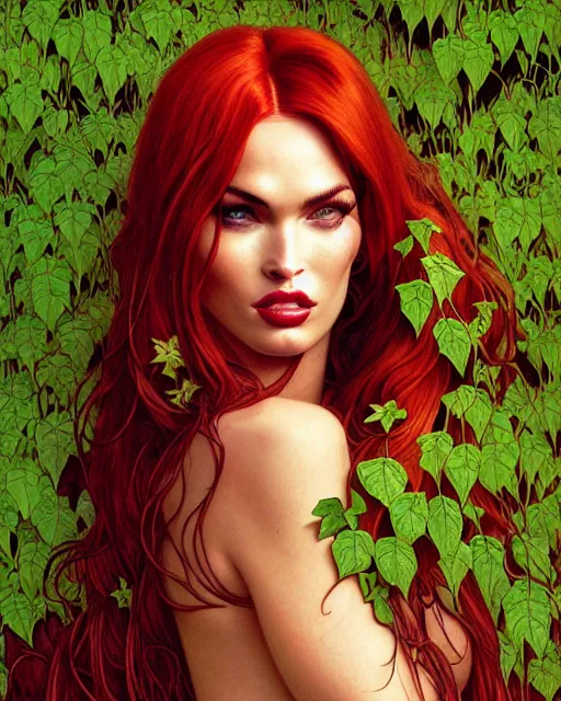 Image similar to closeup portrait of poison ivy megan fox, beautiful succubus, intricate, flowers, hyperrealism, intense, dmt, artgerm, moebius, glamour pose, arney freytag, greg rutkowski, maxfield parrish, dan mumford, moebius, alphonse mucha