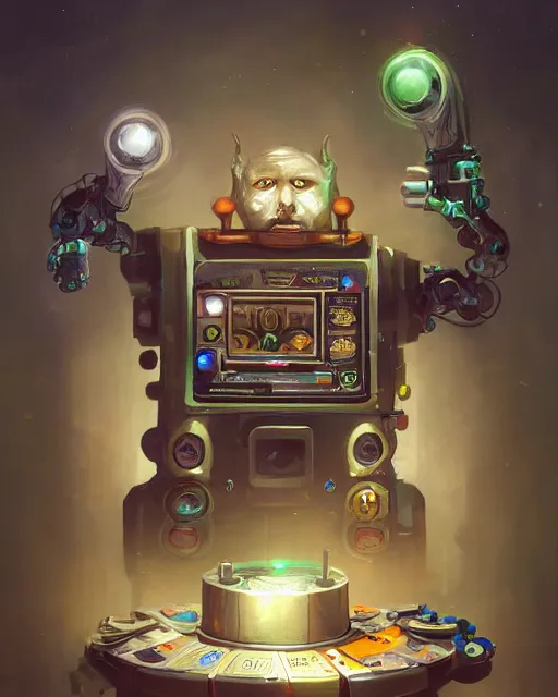 Image similar to robotic slot machine [ thing ], lights, tiny, small, short, dnd character art portrait, matte fantasy painting, deviantart artstation, by jason felix by steve argyle by tyler jacobson by peter mohrbacher, cinema