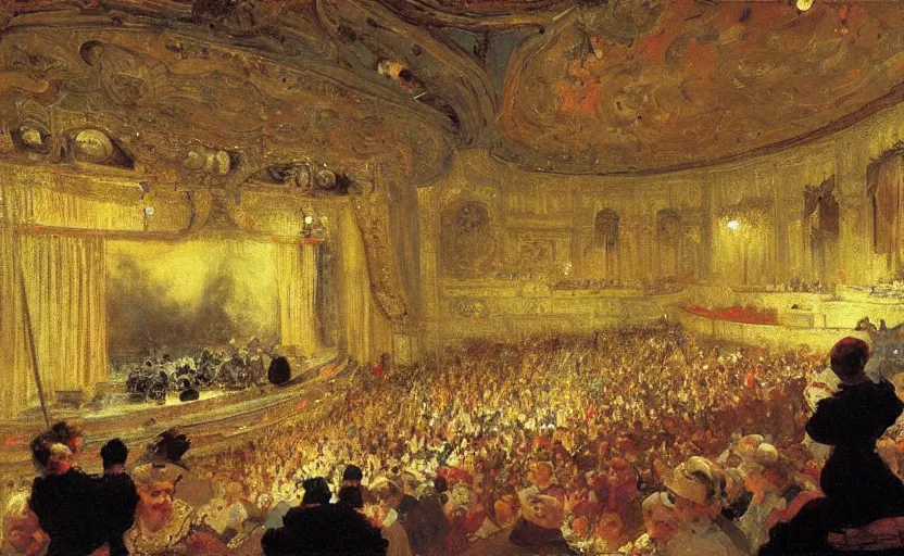 Image similar to high quality high detail painting by ilya repin, establishing shot of a theater show, hd