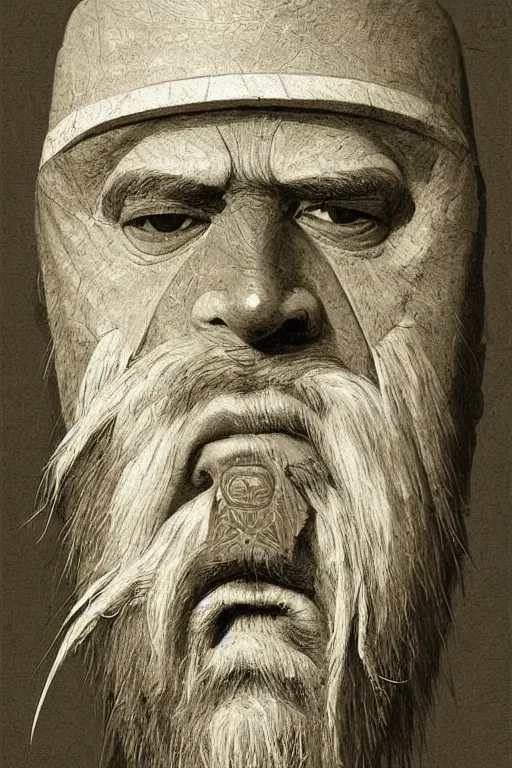 Prompt: portrait, headshot, digital painting, an old bearded shaman in slavic angular carved wood mask, realistic, hyperdetailed, chiaroscuro, concept art, art by frans hals