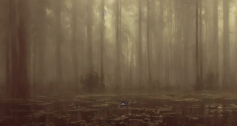 Prompt: A dense and dark enchanted forest with a swamp, by JAKUB ROZALSKI