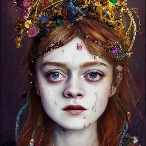 Prompt: sadie sink expressive oil painting, of helena bonham carter mixed with sophia lauren, bumpy mottled skin full of blood and scars, ornate headpiece made from crystals, cables and wires, body horror, by yoshitaka amano, by greg rutkowski, by jeremyg lipkinng, by artgerm, digital art, octane render