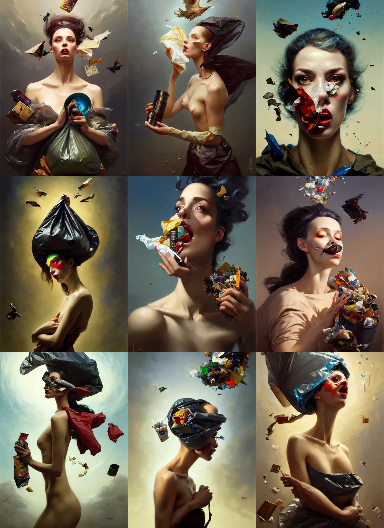 Prompt: fine art portrait oil painting of a beautiful woman with garbage flying into her face, wearing a plastic garbage bag, perspective, ultra detailed, elegant, intricate, dynamic lighting, hyperrealism, sharp focus, art by peter mohrbacher and tom bagshaw and andrei riabovitchev