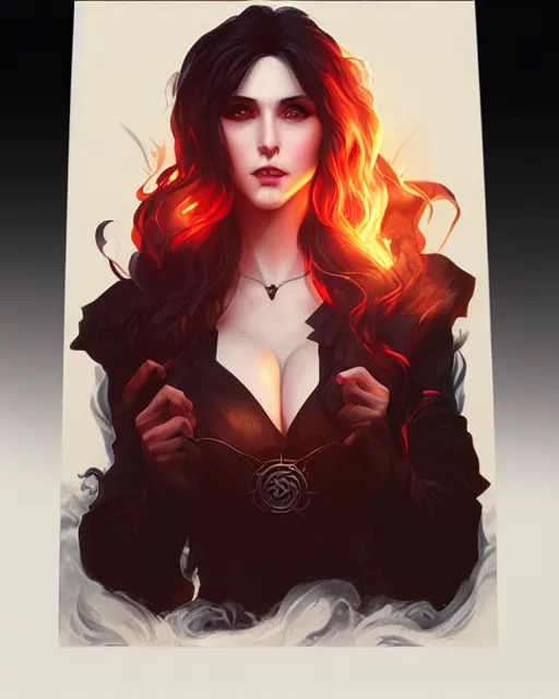 Prompt: Yennefer of vengerberg, by wlop and artgerm, black red fantasy smoke portrait