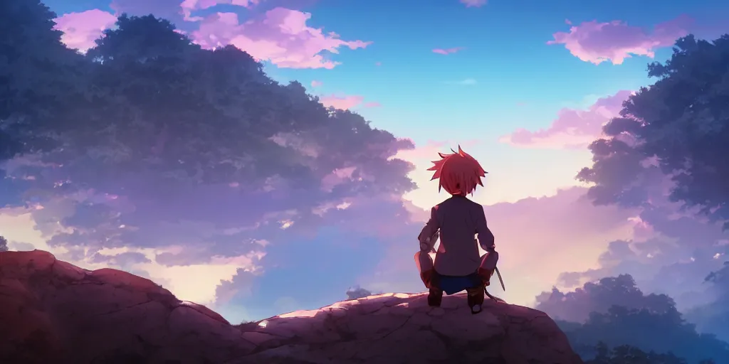 Image similar to isekai masterpiece anime boy sitting on a rock off to the side looking down upon umi, during dawn, cinematic, very warm colors, intense shadows, anime illustration, anime screenshot composite background