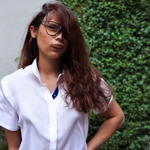 Prompt: an female wearing a white blouse with short sleeves