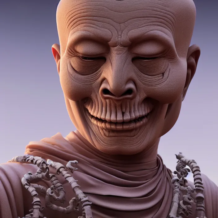 Image similar to portrait of relaxed Buddhist Monk as skeleton. intricate abstract. intricate artwork. by Tooth Wu, wlop, beeple, dan mumford. octane render, trending on artstation, greg rutkowski very coherent symmetrical artwork. cinematic, hyper realism, high detail, octane render, 8k, matte accents