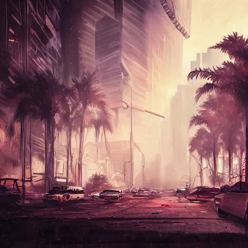 Image similar to sci-fi epic concept art of dried miami city, red dust and smoke in the air, rays of light, neon billboards and dried palmtrees in the streets, mutated aligators in corners epic scene, scifi, hyperrealistic