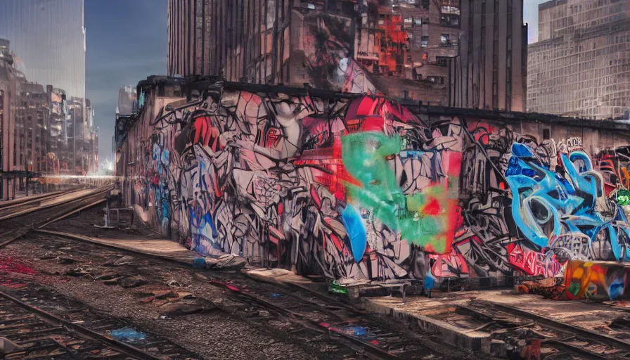 Image similar to urbanpunk - graffiti artists tagging a train in inner city new york, urban youth street clothing, spray cans, friends, graffiti street art, police flashing lights blue an red, spotlight, octane render, unreal 5, 8 k depth of field, highly - detailed, in the style of boondocks