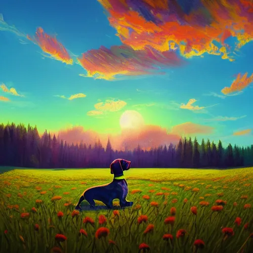 Image similar to a dachshund, surreal photography, cannabis field, sunset on a summer day light, impressionist painting, colorful clouds, blue sky, digital painting, artstation, simon stalenhag