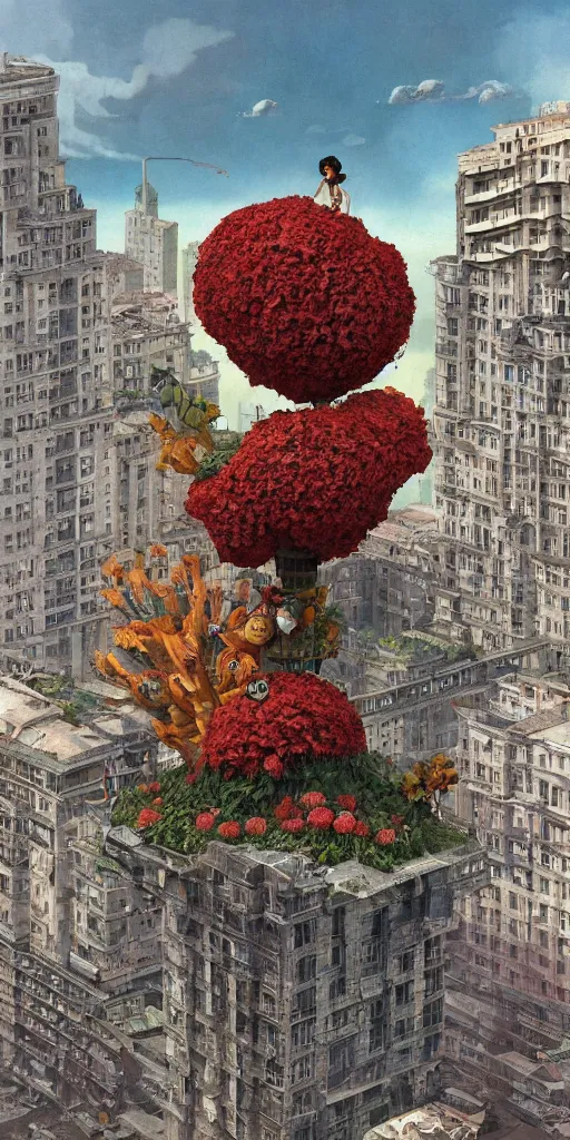 Image similar to giant grotesque flower in the middle of abandoned early soviet constructivist cityscape, Stalinist architecture, ultradetailed by Hayao Miyazaki and Josan Gonzalez and Makoto Shinkai and Giuseppe Arcimboldo and Wes Anderson