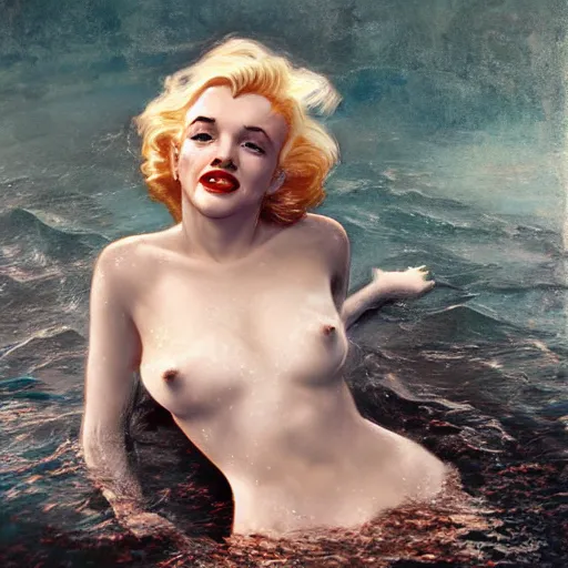 Image similar to a photograph of a clone of marilyn monroe submerged and rusted in the water, cinematic, volumetric lighting, f 8 aperture, cinematic eastman 5 3 8 4 film, photorealistic by greg rutkowski, by stanley artgerm, by alphonse mucha