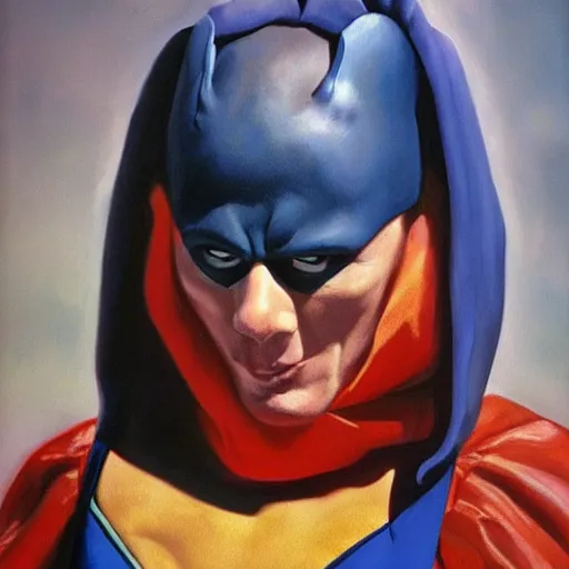 Prompt: portrait of a blue baby seal dressed as a super hero, oil painting by alex ross