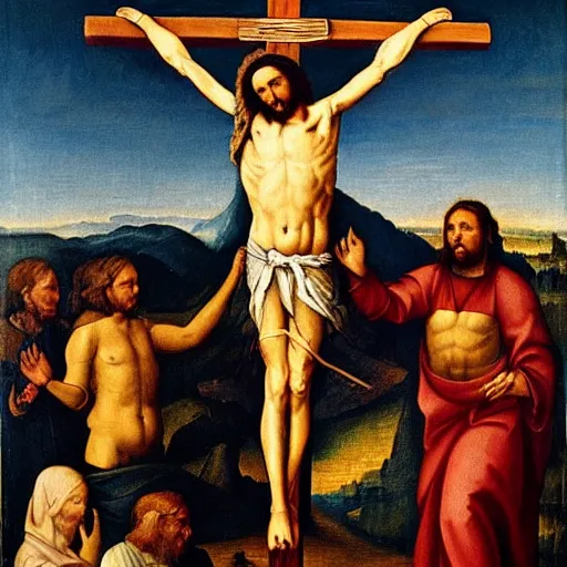 Prompt: Crucified Viktor Orban on the Golgota, renaissance oil painting,
