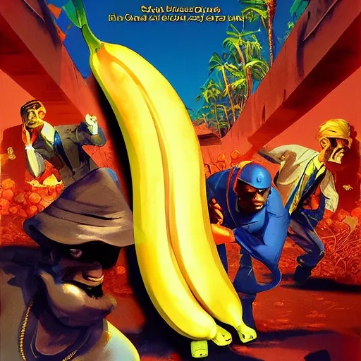 Prompt: The Banana Blue Gang, game poster printed on playstation 2 video game box , Artwork by Craig Mullins, cinematic composition