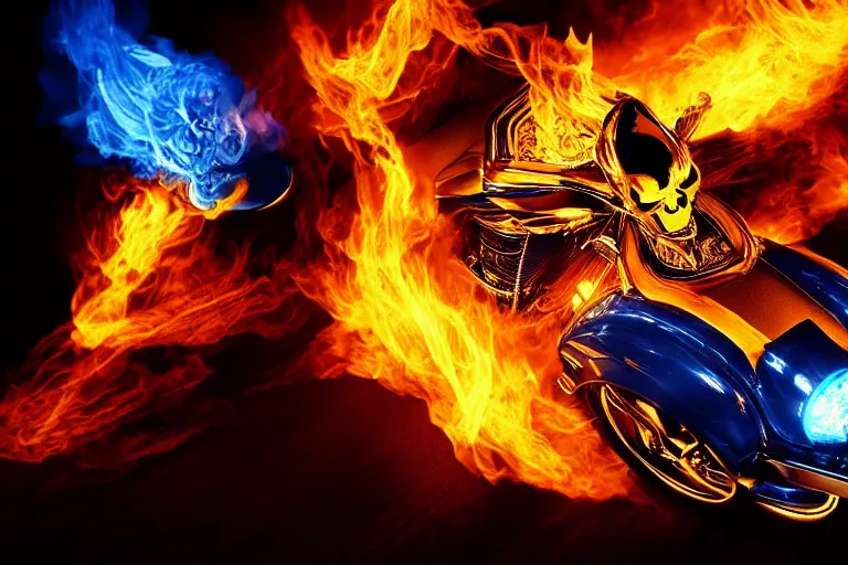 Prompt: Ghost Rider, blue flames, headshot photo, dramatic lighting, highly stylized, high-quality wallpaper, desktopography