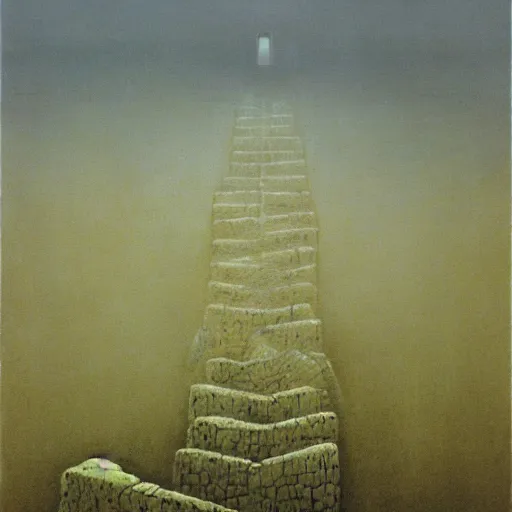 Prompt: arm reaching out of thick fog, symetrical rows of stone blocks in far distance, floating in mid - air, lined up horizontally, zdzislaw beksinski