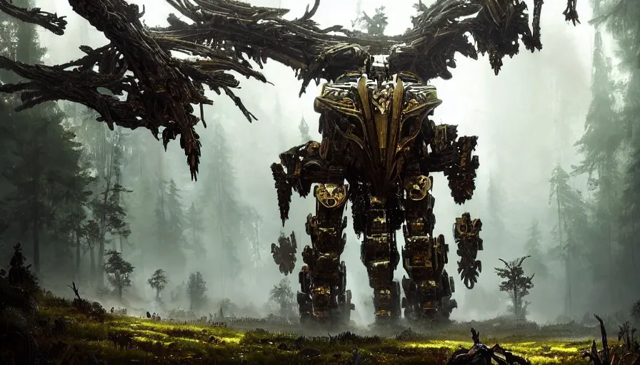 Prompt: large walking mech covered in gold and silver armor with elden ring and horizon zero dawn aesthetic, covered in moss and birds, glowing lights, beautiful forests and trees, intricate detail, epic wallpaper, art by darek zabrocki and John Park and Feng Zhu and Jason Chan, trending on artstation, masterpiece.