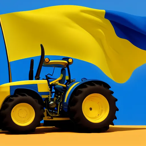 Image similar to a tractor with a ukrainian blue and yellow flag by goro fujita, 3 d octane render