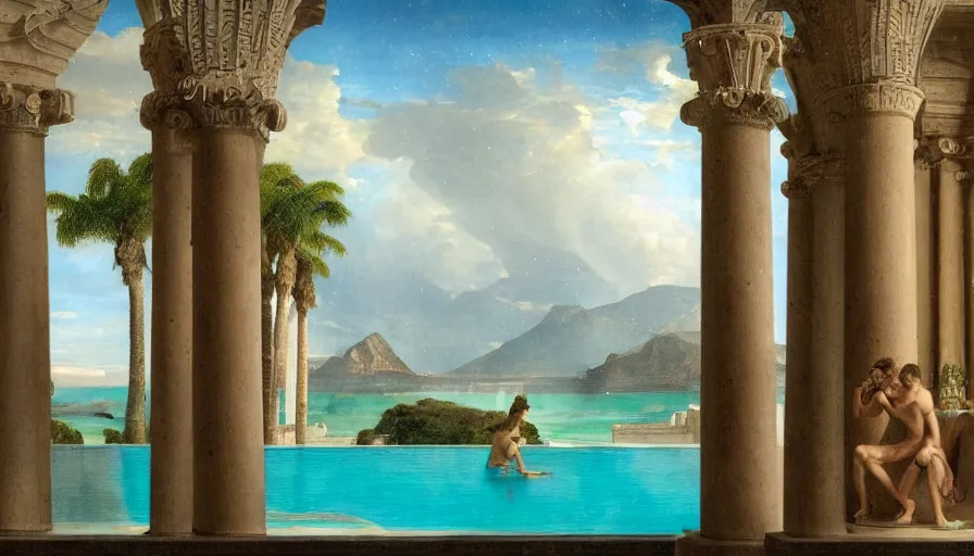 Image similar to From inside the balcony of the giant Palace, mediterranean balustrade and columns, refracted lines and sparkles, thunderstorm, greek pool, beach and Tropical vegetation on the background major arcana sky and occult symbols, by paul delaroche, hyperrealistic 4k uhd, award-winning, very detailed paradise