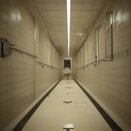 Image similar to infinite bathroom hallway, horror movie