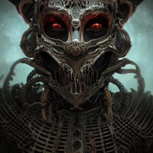 Image similar to Very very very very highly detailed epic zoom out photo of demonic face with venetian mask, intricate, dystopian, sci-fi, extremely detailed, digital painting, artstation, concept art, smooth, sharp focus, illustration, intimidating lighting, incredible art by Anna Dittmann, Anton Pieck, Octane render in Maya and Houdini VFX