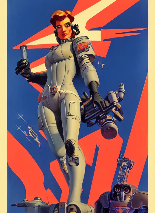 Image similar to american propaganda poster art. powerful cyberpunk pilot. portrait by jean giraud and anton otto fischer and john philip falter and will eisner and gil elvgren and pixar. full body. realistic proportions. science fiction d & d. overwatch, rb 6 s, cyberpunk 2 0 7 7, blade runner 2 0 4 9 concept art. cel shading. thick lines.