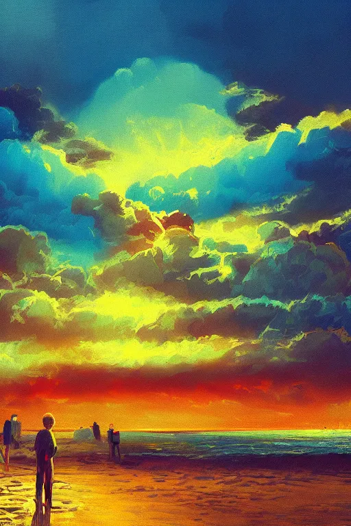 Prompt: a nuclear bomb detonates beach surreal photography, sunrise, dramatic light, impressionist painting, colorful clouds, digital painting, artstation, simon stalenhag