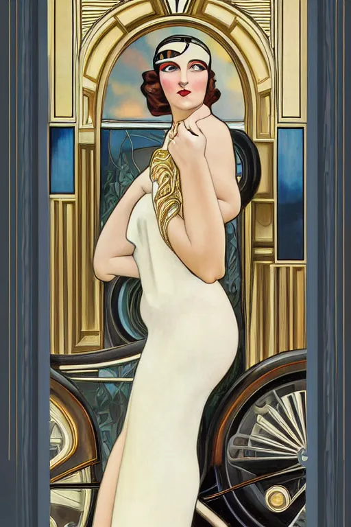 Prompt: iconic beautiful 1 9 3 0's woman, standing in front of art deco white building, a gold vintage bugatti parked, great gatsby era styling, art by tamara de lempicka and alphonse mucha, fantasy, intricate, elegant, highly detailed, digital painting, time magazine, concept art, matte, sharp focus, illustration