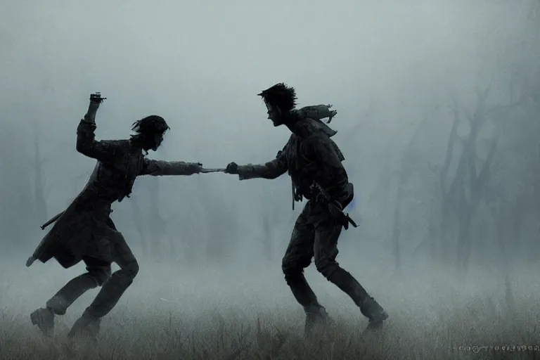 Image similar to two silhouettes fighting each other on foggy moody battlefield, photorealistic, bokeh, by greg rutkowski