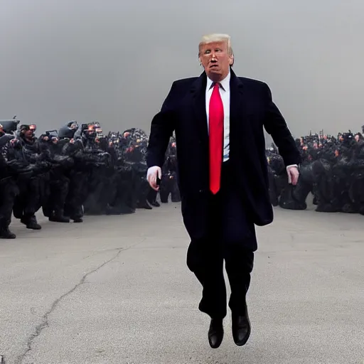 Image similar to donald trump running from policemen that are chasing him behind him, helicopters and explosions in the background