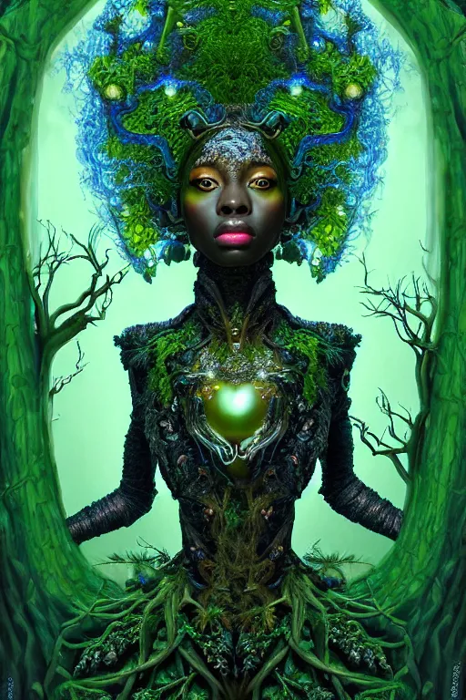 Prompt: hyperrealistic neo - baroque super expressive! black woman with exoskeleton armor, merging with tree in a forest, highly detailed digital art masterpiece smooth cam de leon hannah yata dramatic pearlescent blue green light ground angle hd 8 k sharp focus