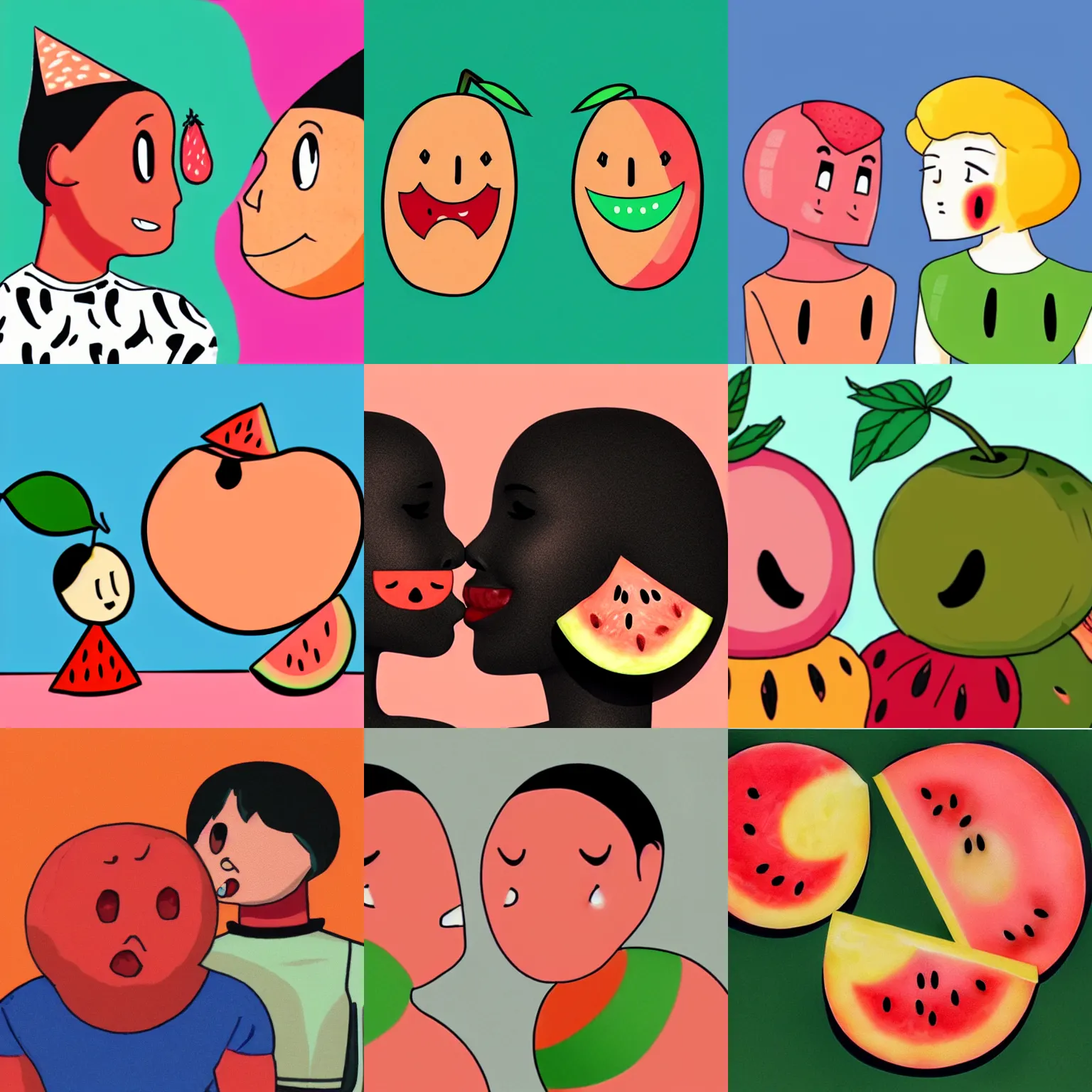 Prompt: a human - like peach and watermelon are having a nice conversation, eyes and mouth